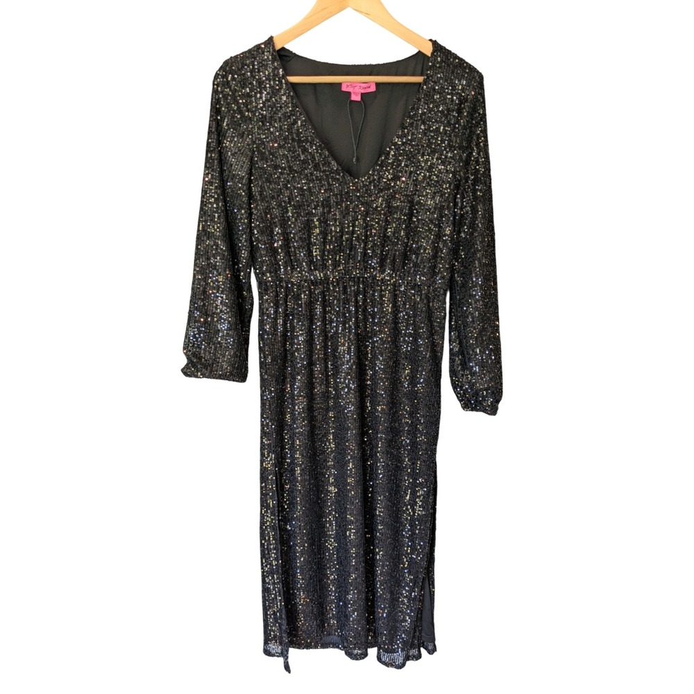 NWOT Betsey Johnson Womens Midi Dress‎ Black Sequin V Neck Long Sleeve Party M